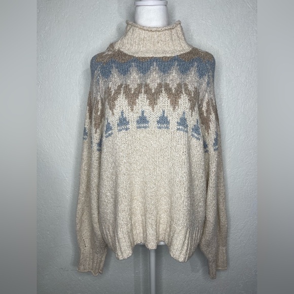American Eagle Fair Isle Cream Blue Turtleneck Knit Sweater Cozy Winter Size Lg - Picture 10 of 13